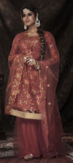 Festive, Reception Red and Maroon color Salwar Kameez in Net fabric with Sharara Border, Sequence work : 1795500