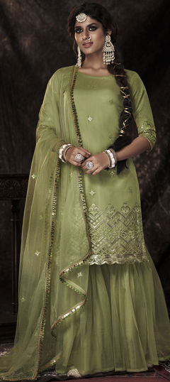 Festive, Reception Green color Salwar Kameez in Net fabric with Sharara Border, Sequence work : 1795504