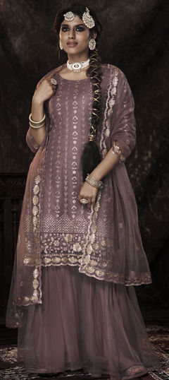 Festive, Reception Purple and Violet color Salwar Kameez in Net fabric with Sharara Border, Sequence work : 1795508