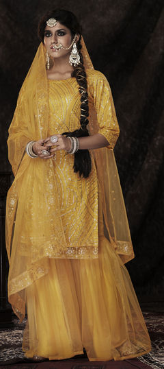 Yellow color Salwar Kameez in Net fabric with Border, Sequence work