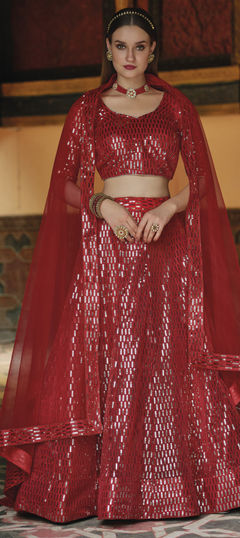 Red and Maroon color Lehenga in Net fabric with Sequence work