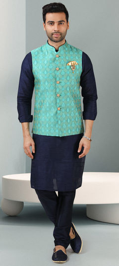 Blue color Kurta Pyjama with Jacket in Banarasi Silk fabric with Broches, Weaving work