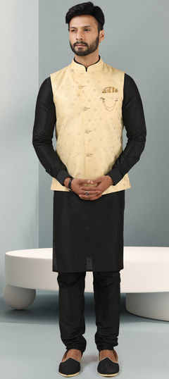 Black and Grey color Kurta Pyjama with Jacket in Banarasi Silk fabric with Broches, Weaving work