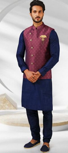 Blue color Kurta Pyjama with Jacket in Banarasi Silk fabric with Broches, Weaving work