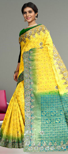 Yellow color Saree in Kanchipuram Silk, Silk fabric with Bugle Beads, Embroidered, Stone, Weaving work