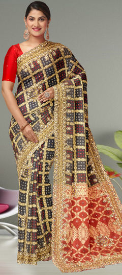 Multicolor color Saree in Kanchipuram Silk, Silk fabric with Bugle Beads, Embroidered, Stone, Weaving work