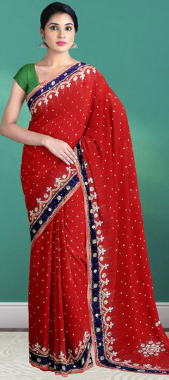 Red and Maroon color Saree in Georgette fabric with Bugle Beads, Lace, Stone work