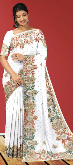 Bridal, Wedding White and Off White color Saree in Georgette fabric with Classic Stone work : 1795966