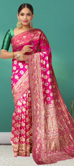 Pink and Majenta color Saree in Banarasi Silk, Silk fabric with Bugle Beads, Stone, Weaving work