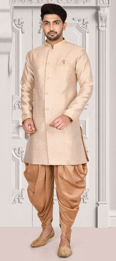 Beige and Brown color IndoWestern Dress in Jacquard fabric with Weaving work