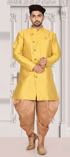Yellow color IndoWestern Dress in Jacquard fabric with Weaving work