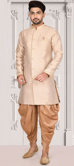 Beige and Brown color IndoWestern Dress in Jacquard fabric with Weaving work