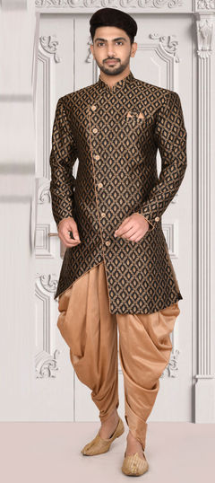 Black and Grey color IndoWestern Dress in Jacquard fabric with Weaving work