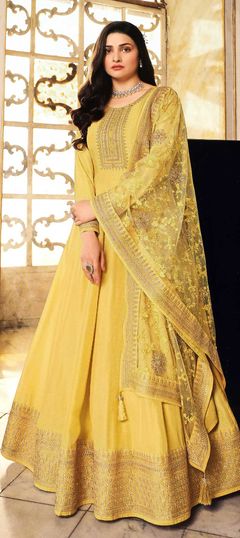 Yellow color Salwar Kameez in Georgette fabric with Embroidered, Thread work