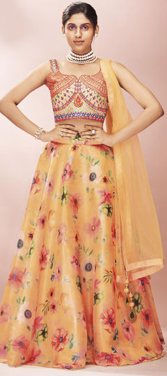 Yellow color Ready to Wear Lehenga in Organza Silk, Silk fabric with Embroidered, Floral, Mirror, Printed, Thread work