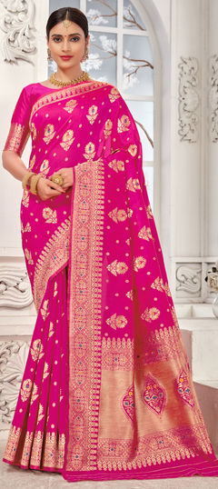 Pink and Majenta color Saree in Art Silk, Silk fabric with Weaving work