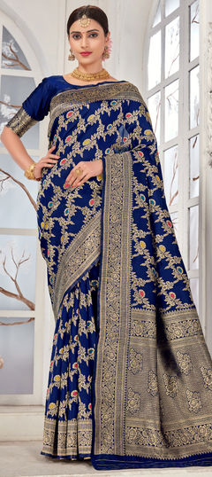 Blue color Saree in Art Silk, Silk fabric with Weaving work