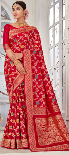 Red and Maroon color Saree in Art Silk, Silk fabric with Weaving work