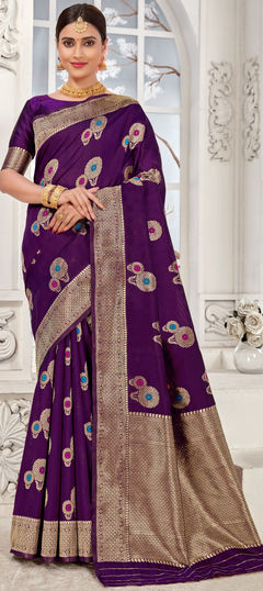 Purple and Violet color Saree in Art Silk, Silk fabric with Weaving work