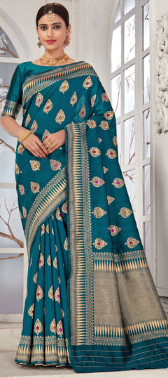 Blue color Saree in Art Silk, Silk fabric with Weaving work