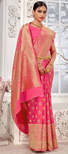 Pink and Majenta color Saree in Art Silk, Silk fabric with Weaving work