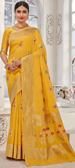 Yellow color Saree in Art Silk, Silk fabric with Weaving work