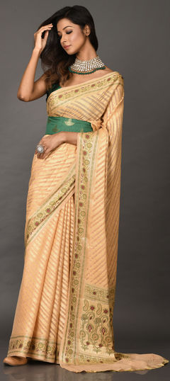 Beige and Brown color Saree in Georgette fabric with Weaving work