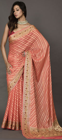 Red and Maroon color Saree in Georgette fabric with Weaving work