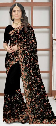 Black and Grey color Saree in Georgette fabric with Embroidered, Resham, Zari work