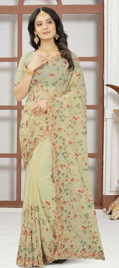 Beige and Brown color Saree in Georgette fabric with Embroidered, Resham, Zari work