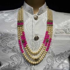 Gold Rodium Polish Gold, Pink and Majenta color Groom Necklace in Metal Alloy studded with Pearl