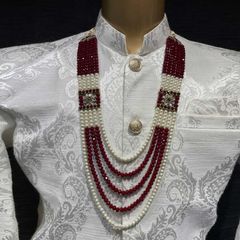 Gold Rodium Polish Red and Maroon, White and Off White color Groom Necklace in Metal Alloy studded with Pearl