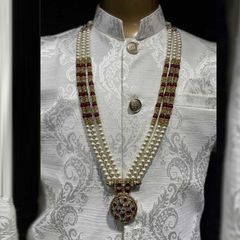 Gold Rodium Polish Red and Maroon, White and Off White color Groom Necklace in Metal Alloy studded with Pearl