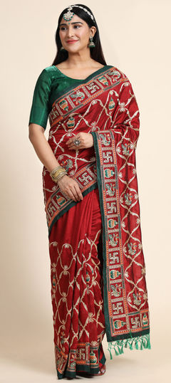 Red and Maroon color Saree in Art Silk, Silk fabric with Embroidered, Resham, Thread, Zari work