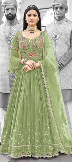 Green color Salwar Kameez in Faux Georgette fabric with Embroidered, Resham, Thread work