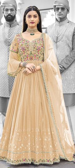 Beige and Brown color Salwar Kameez in Faux Georgette fabric with Embroidered, Resham, Thread work