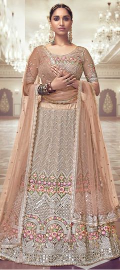 Beige and Brown color Lehenga in Net fabric with Embroidered, Mirror, Thread, Zari, Zircon work