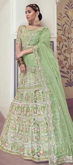 Green color Lehenga in Net fabric with Embroidered, Mirror, Thread, Zari, Zircon work