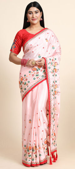 Pink and Majenta color Saree in Crepe Silk, Silk fabric with Embroidered, Stone, Thread work