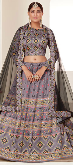 Black and Grey color Lehenga in Art Silk fabric with Digital Print work