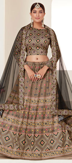 Beige and Brown color Lehenga in Art Silk fabric with Digital Print work