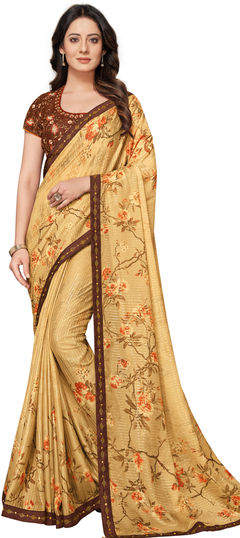 Traditional, Wedding Yellow color Saree in Georgette fabric with South Floral, Printed, Sequence, Stone work : 1797807