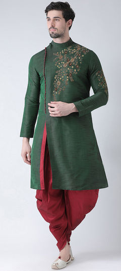 Green color Dhoti Kurta in Dupion Silk fabric with Embroidered work