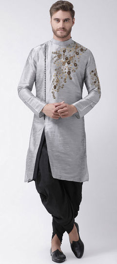 Black and Grey color Dhoti Kurta in Dupion Silk fabric with Embroidered work