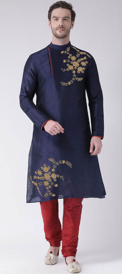 Blue color Kurta Pyjamas in Dupion Silk fabric with Embroidered work