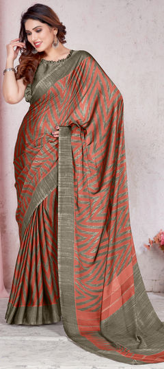 Orange color Saree in Chiffon fabric with Lehariya, Printed work