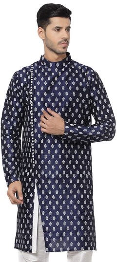 Blue color Kurta in Dupion Silk fabric with Printed work