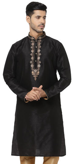 Black and Grey color Kurta in Dupion Silk fabric with Embroidered work