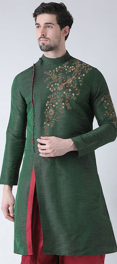 Green color Kurta in Dupion Silk fabric with Embroidered work