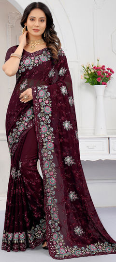 Red and Maroon color Saree in Georgette fabric with Embroidered, Mirror, Resham, Stone, Zircon work